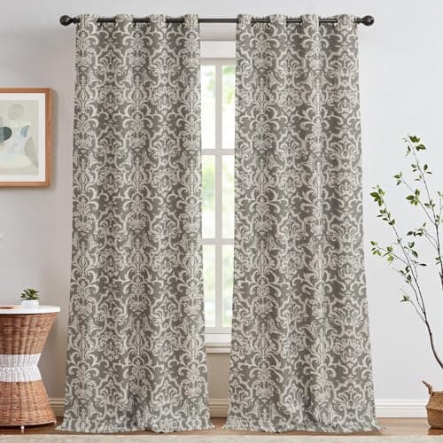 jinchan Room Darkening Curtains for Bedroom Grey Damask Patterned Curtains 96 Inch Length for Living Room Linen Textured Vintage 8FT Long Drapes Medallion Window Treatments Grommet Top 2 Panels Set