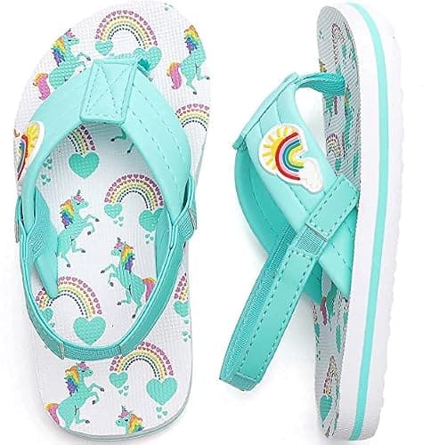 Saidoteto Boys Girls Flip Flops Child Summer Slip-on Thong Sandals Beach Pool Water Shoes(Little/Big Kid). Green/Unicorn 2-3 210319