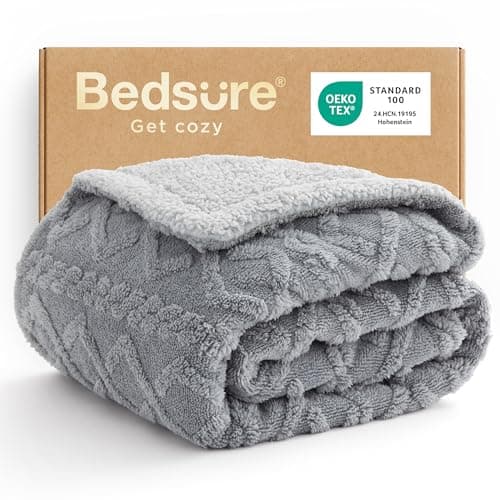 Bedsure Sherpa Fleece Blanket, Cable Jacquard Tufted, Warm, Throw, Grey