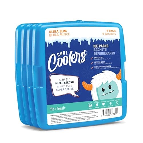 Cool Coolers by Fit + Fresh, 4 Pack Slim Ice Packs, Space Saving Reusable Ice Packs for Lunch Boxes or Coolers, Blue, Single Pack