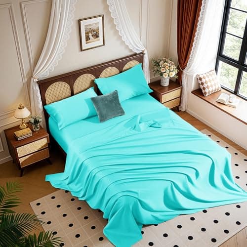 REDASW 1200 Thread 100% Egyptian Cotton Sheet Sets King Size 4 Pcs Bedding Set, Fitted Sheet Deep Pocket Up to 16" Soft Bed Sheet for All Season (King, Lake Green)