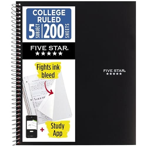 Five Star Spiral Notebook + Study App, 5 Subject, College Ruled Paper, 8-1/2" x 11", 200 Sheets, Fights Ink Bleed, Water Resistant Cover, Black (72081)