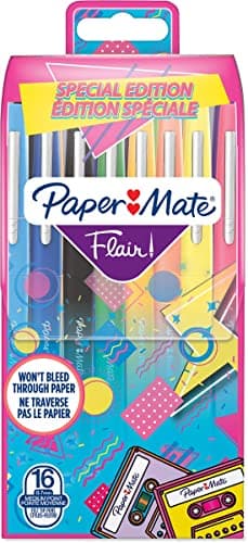 Paper Mate Flair Felt Tip Pens | Medium Point (0.7 mm) Marker Pens | Assorted Retro Colouring Pens | For Kids & Adult Colouring, Journalling & More | 16 Count