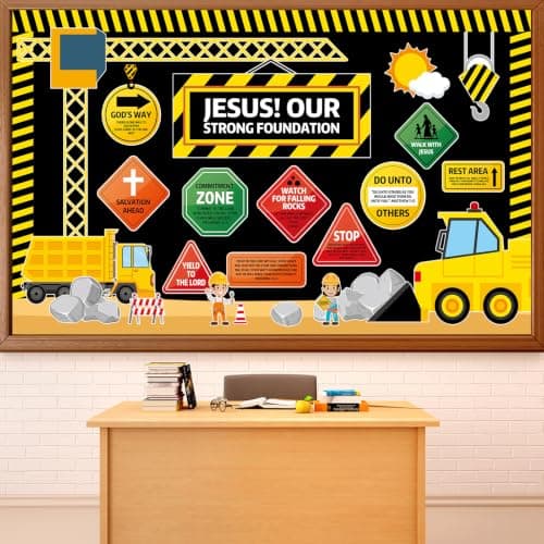 Christian Construction Bulletin Board Decorations Set Religious Classroom Decor Christian Road Sign Jesus Our Strong Foundation Cutouts for Sunday School Church Classroom Office Chalkboard Wall Decor
