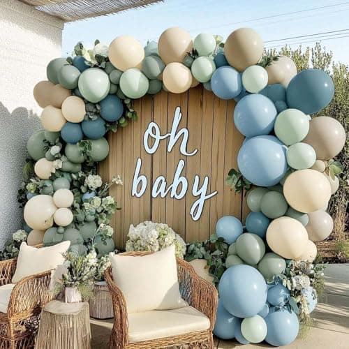 Dusty Blue Green Balloon Arch Kit Double Stuffed Pastel Light Sage Green Blue White Sand Beige Balloon Garland for Birthday Baby Shower Dinosaur Wedding Easter Jungle Wild One Party Decoration