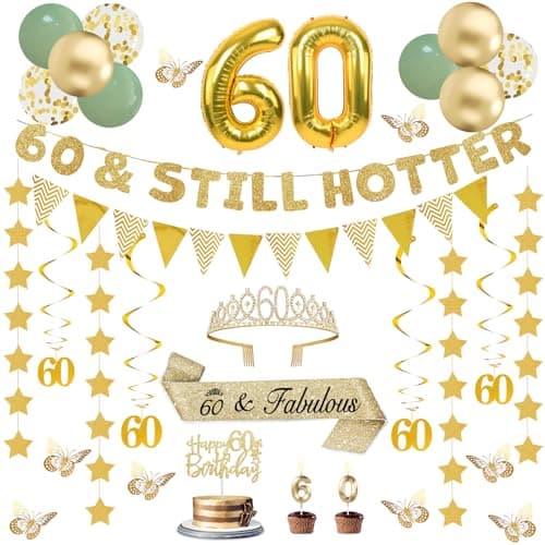 32Pcs 60th Birthday Decorations for Women Men with Sage Green White Gold 60th Birthday Balloons, Banner, Hanging Swirls, Crown and Sash, Cake Topper and Candles, Happy 60th Birthday Decorations