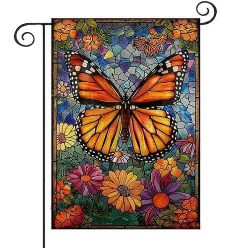 Spring Summer Butterfly Garden Flag 12x18 Inch Double Sided Stained Glass Flowers Floral Welcome Smal Burlap Yard Flags Outdoor Outside Decoration