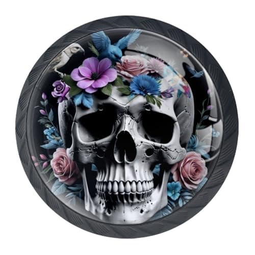 KikandKo 4-Piece Drawer Knobs - Birds Skull Floral Kitchen & Bathroom Cabinet Knobs, Black Glass Pulls 35MM