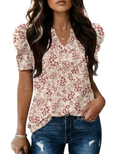 LOMON Womens Summer Tops Puff Short Sleeve Top Business Casual Clothing Cute Trendy Fashion 2026 Vacation Holiday Tops Floral XL