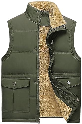 Neecan Mens Outdoor Vest Classic Fleece Outerwear Sleeveless Jackets Neck Zipper Cotton-Padded Coat Army Green S