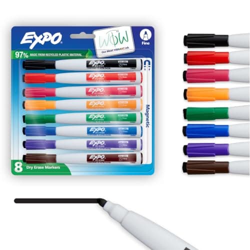 EXPO Magnetic Dry Erase Markers with Built-In Eraser, Fine Tip, Assorted Colors, 8 Count - Classroom White Board, Teacher Supplies, School Locker