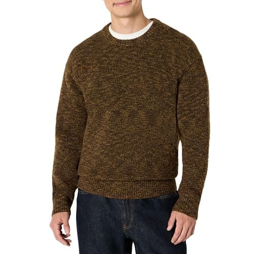 Amazon Essentials Men's Relaxed-Fit Two-Tone Heavyweight Crewneck Pullover Sweater, Wool Blend, Dark Brown Marl, Medium