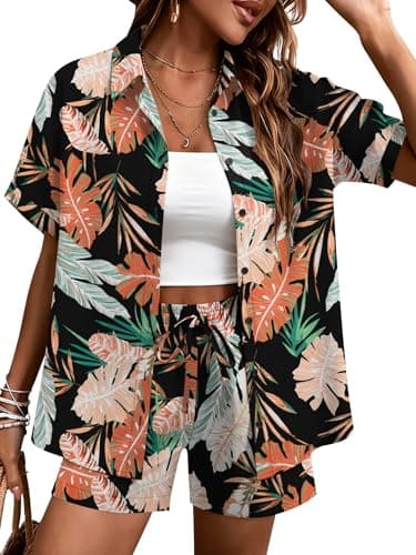 LOMON Women's 2 Piece Hawaiian Vacation Outfits Tropical Print Short Sleeve Shirts and Shorts Beach Sets Resort Wear
