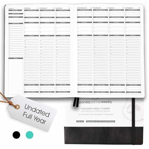 Panda Planner Weekly 2026, Undated Weekly Planner for Office, School & Home – 8"x11" Soft Vegan Leather Organizer Notebook with To-Do Lists, Habit Tracker, Notes & Agenda – Black