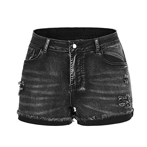 THUNDER STAR Ripped Jean Shorts for Women Mid Rise Frayed Raw Hem Stretchy Denim Shorts Black#1 L