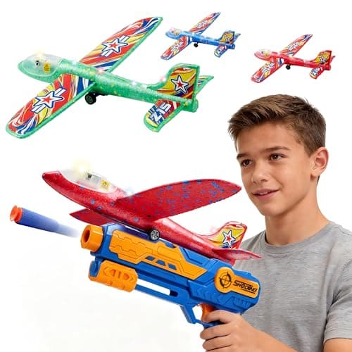 JOYIN LED Foam Glider Airplane Launcher Set, 3 Light-Up Flying Planes with 1 Handheld Launcher, Long Distance Outdoor Flying Game for Teens & Adults (14+)