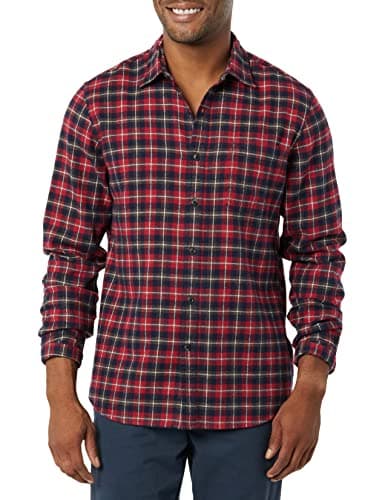 Amazon Essentials Men's Slim-Fit Flannel Shirt, Long Sleeve Button Down Plaid, Dark Red Plaid, XX-Large