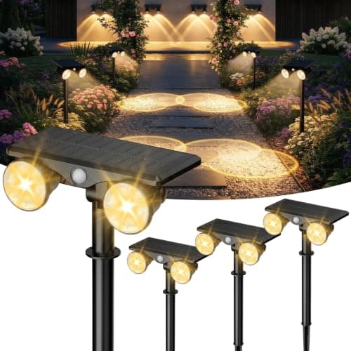 Solar Lights Outdoor Waterproof, Dual Heads Adjustable Solar Spot Lights Outdoor, 2-in-1 Motion Sensor Solar Powered Spotlight Landscape Lighting for Garden, Yard, Pathway- 4 Pack(Warm Light)