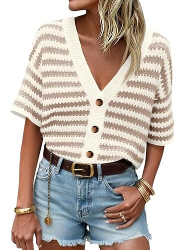 Saodimallsu Womens Short Sleeve Striped Cardigan Sweaters Crochet Knit Button Down Shirts V Neck Spring Summer Tops Khaki