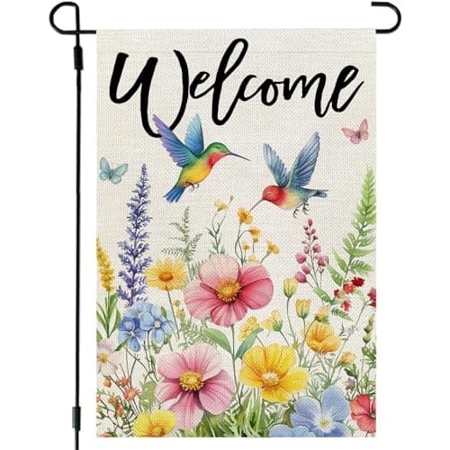 CROWNED BEAUTY Spring Garden Flag Floral Hummingbirds 12x18 Inch Double Sided Small Seasonal Holiday Decoration for Outdoor Lawn Yard
