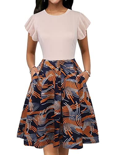 oxiuly Women's Flounce Sleeve Wedding Church Vintage Dresses Casual Pockets Floral Party Cocktail Dress OX376 (Fei Bgyanhua, S)