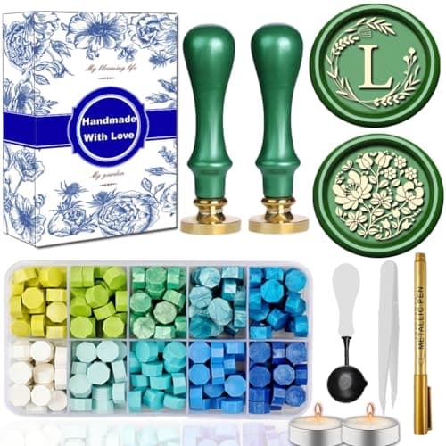 WUERLIN Elegant Initial L Wax Seal Kit,2pcs Exquisite Brass Stamp Heads with Eucalyptus & Flower Designs Ideal for Wedding Invitations Gift Wraps Envelopes and Christmas Cards (Alphabet L Kit)