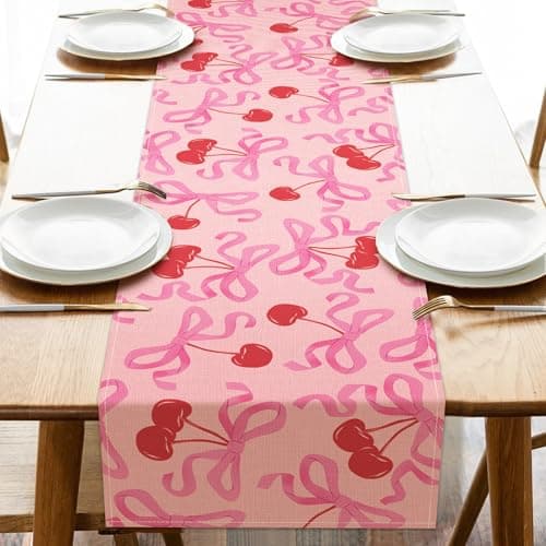 Croar Coquette Pink Bow Cherry Dining Table Runner, Ribbon Fruit Preppy