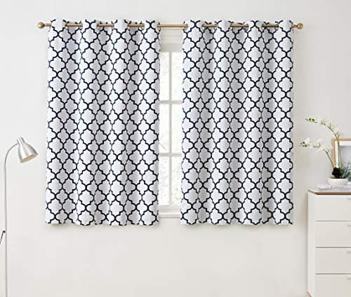 HLC.ME Lattice Print Decorative Curtains Blackout 54 Length - Thermal Insulated Room Darkening Grommet Window Drapes Panels for Basement Windows - Platinum White & Navy Blue - Set of 2-52 x 54 Inch