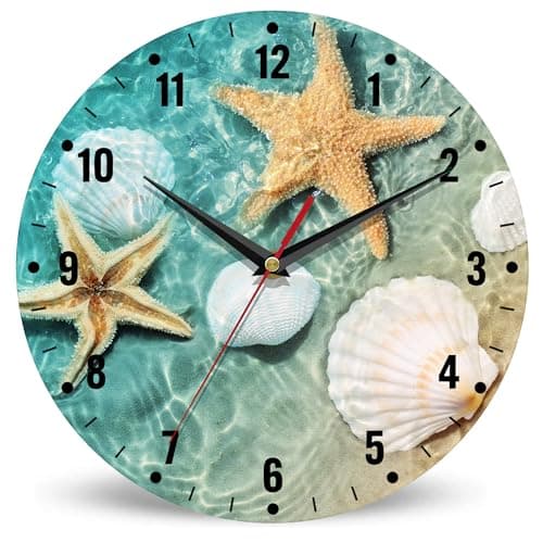 SPUNKER Wall Clock,Beach Seashell Starfish Kitchen Wall Clock,Coastal Clocks 10 Inch Silent Non-Ticking Wall Battery Operated for Living Room Bedroom Bathroom Laundry Room Decor