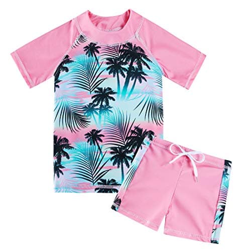 Lovekider Little Girls Swimsuit Rash Guard Set Size 3-4 Palm Tree 3D Two Piece Pink Bathing Suits Summer Beach Swimwear with Shorts