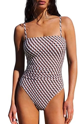 SUUKSESS Women Sexy One Piece Swimsuit Tummy Control Square Neck Bathing Suit Retro Backless Swimwear (Brown Black Color Block,M)