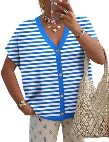 LOMON Oversized Sweaters for Women Summer V Neck Cardigan Cap Sleeve Casual Knitted Button Lightweight Striped Tops Ladies 2026 Short Sleeve Vest Trendy Sweater