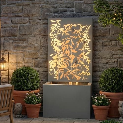 Christopher Knight Home Hange 30.71" H Metal Water Fountain Outdoor with LED Light, Recirculating Pump Outdoor Fountain with Leaf Cutout Water Wall Design, Freestanding Cascading Water, Light Gray