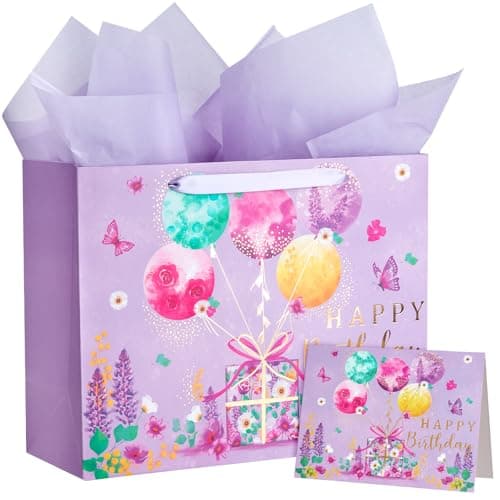 WRAPAHOLIC 13" Large Purple Birthday Gift Bag with Card and Tissue Paper - Gold Foil Fantasy Purple Happy Birthday Gift Bag for Women Girls, Wedding, Bridal Shower