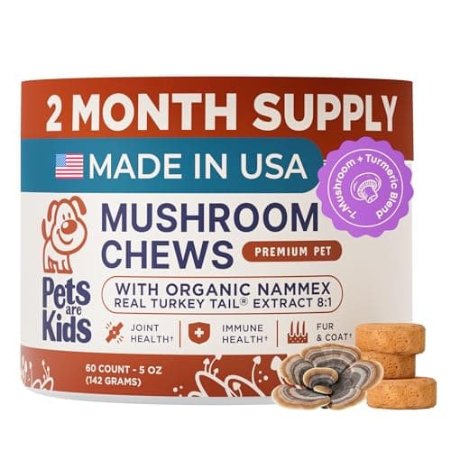 Pets are Kids Turkey Tail Mushroom for Dogs with Organic Real Turkey Tail™ - 8:1 Extract Mushroom Chews for Lumps & Bumps, Immunity, Gut, Skin, Joint & Spine Support - Reishi, Lion’s Mane - 60 Chews