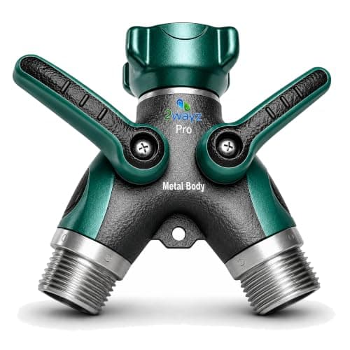 2WAYZ Hose Splitter 2 Way Heavy Duty Outdoor Faucet and Garden Connector - Water Spigot Splitter - Durable All-Metal Y Adapter with Shut-Off Valve - 4 x 4 x 1.5 Inches