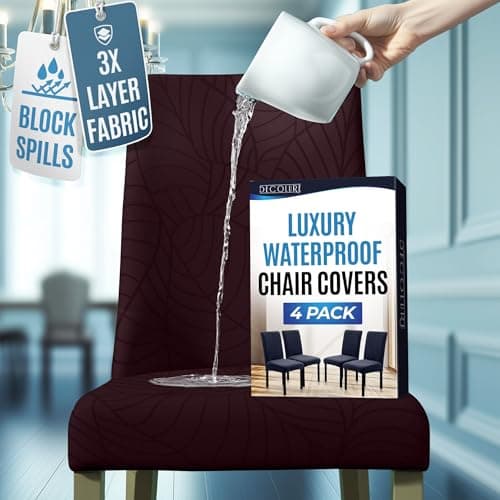 Waterproof Dining Chair Covers Set of 4 - 3 Layers Thick Fabric Parsons Chair Slip Covers - Jacquard Kitchen Chair Covers & Stretch Protectors Dining Room, Restaurant - Removable Washable (Chocolate)