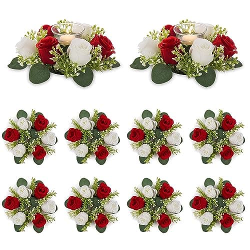 NUPTIO Flower Wreath for Table Centerpieces: 9.05 Inch Small Crimson & White Candle Rings 10 Pcs for Wedding Party Christmas Decorations - Rose Wreaths for Spring Summer Front Door Porch Decor