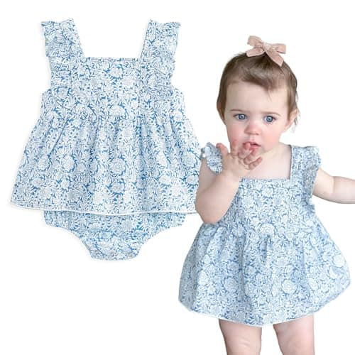 Simplee kids Baby Infant Girls Summer Romper Dress Summer Cotton Ruffle Sleeve Floral Onesie for 6 Months B-light Blue