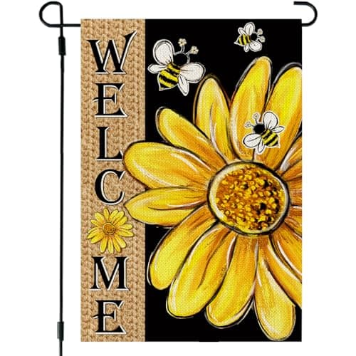 CROWNED BEAUTY Spring Summer Garden Flag Daisy Bee Welcome 12x18 Inch Double Sided Small Floral Summer Seasonal Holiday Decoration for Outdoor Lawn Yard