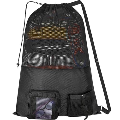 NATURAL STYLE Mesh Drawstring Gym Swim Beach bag, Large Waterproof Pool Sports Backpack for Swimming Gear Workout Yoga Travel (Black)