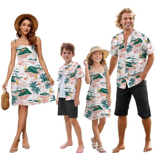SANGTREE Family Matching Hawaiian Outfits, Casual Beach Travel Clothes ，Vacation Clothing Set for Girls, Flamingo White, 12-13 Years = Tag 170
