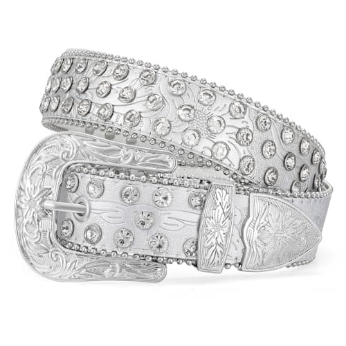 WERFORU Western Rhinestone Leather Belt,Cowgirl Cowboy Bling Belt For Jeans With Silver Vintage Western Buckle,Silver