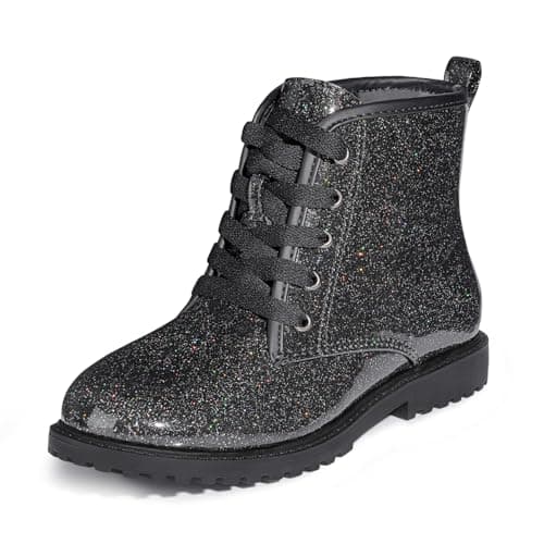 FITORY Girls/Boys Ankle Combat Boots with Side Zipper and Lace-Up, Waterproof Glitter Style, Easy On/Off Sparkle Shoes for Toddler/Little Kid/Big Kid Black Gypsophila Size 9