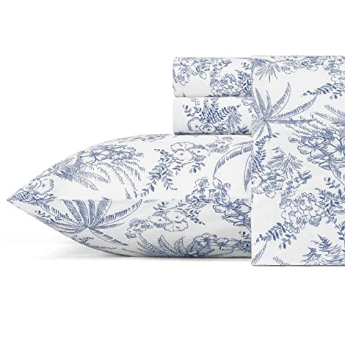 Tommy Bahama - Queen Size Sheets Set, Crisp & Tailored Cooling Sheets with a Smooth Cotton Percale Lightweight Feel - Bed Sheets with Matching Pillowcases & Fitted Sheet (Pen and Ink Palm Blue)