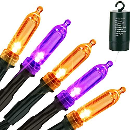 LYHOPE Orange Purple Halloween Lights Indoor, 33ft 100 LED Battery Halloween Light with 8 Mode, Timer, Waterproof Battery Operated String Lights for Home Tree Wreaths Party Yard Outdoor Holiday Decor