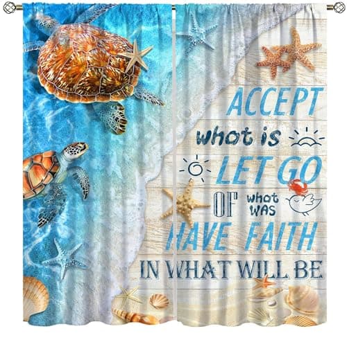 AAVEUP Sea Turtle Curtains,Ocean Beach Inspirational Quotes Nautical Coastal Animal Starfish Rustic Wooden Country Windows Treatments Drapes for Kitchen Kids Living Room Bedroom 42x45in（No Blackout）