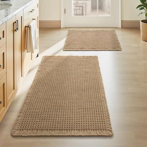 Upgraded Waffle Bath Mat Set of 2, Super Absorbent Non Slip Bath Mats for Bathroom Floor, Machine Washable Boho Bathroom Rugs Set 2 Piece with Tassels, Soft Bathroom Mat Set, 17" x 24" +20" x 32"