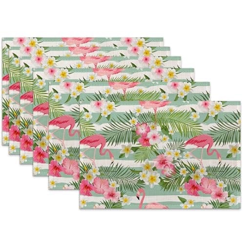 Flamingo Flowers Linen Placemats Set of 6,12x18 Inch Tropical Leaves Washable Table Mats Heat Resistant Place Mats for Home Party Kitchen Dining Decoration