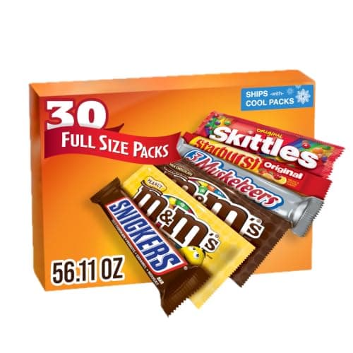 M&M'S, SNICKERS, 3 MUSKETEERS, SKITTLES & STARBURST Variety Pack Full Size Bulk Candy Assortment, 56.11 oz, 30 Bars